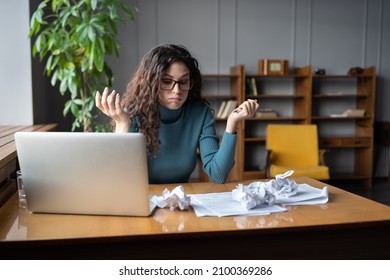 Stressed Female Accountant Having Troubles At Work, Sitting At Messy Office Desk With Crumpled Paper, Cant Deal With Deadline For Preparation Of Financial Report, Overworked Businesswoman In Stress