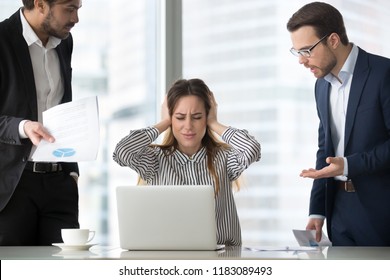 Stressed frustrated female CEO or boss closing ears abstracting from annoying colleagues or subordinates, woman feeling despair avoiding bothering clients, ignoring solving problems, do not want work - Powered by Shutterstock