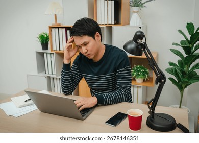 stressed man headache while working with a laptop computer at home office