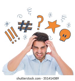 Stressed man looking at camera against swearing doodles - Shutterstock ID 351414389