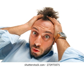 Stressed Man Tear His Hair Out, Crazy Face Expression, Isolated On White.