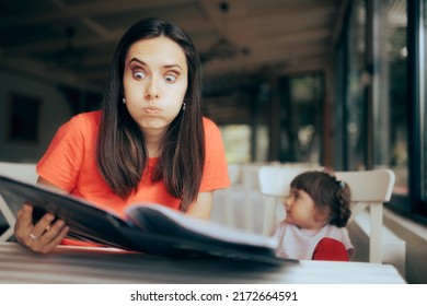 Stressed Mom Not Knowing What To Order In A Restaurant. Mother Obsessing Over Food Restrictions Trying To Choose From Food List
