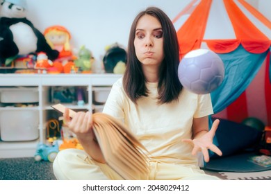 Stressed Mom Reading Parenting Book Playing With Ball. Bored Mother Relaxing With Some Alone Time Activities Reading On The Floor
