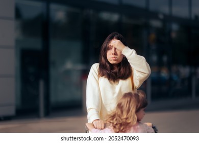 
Stressed Mom With Wind In Her Hair Pushing Shopping Cart. Funny Unlucky Person Feeling Stressed Going Shopping
