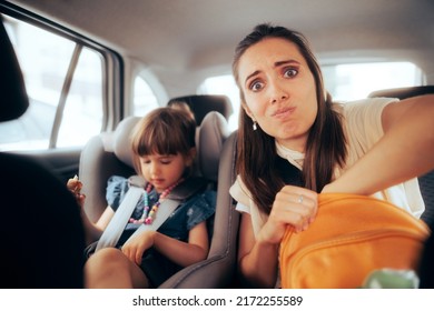 
Stressed Mother Checking Her Bag Going On Family Car Trip. Mom Forgetting The Ids And Passports For Going On Summer Vacation
