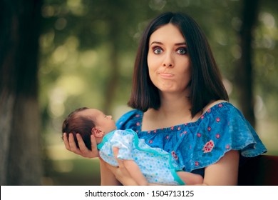 Stressed Mother Holding Newborn Baby In Her Arms. Anxious New Mom Having A Postpartum Crisis Feeling Stressed Out
