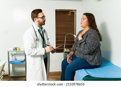 Stressed Obese Woman At The Doctor's Office Talking About Her Health Problems 