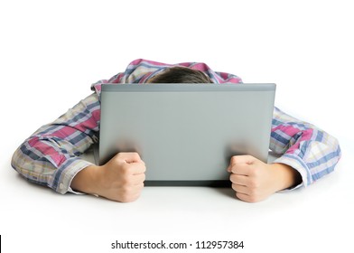 Stressed Out Businessman Isolated On White Background. Man Frustrated With His Laptop Computer.