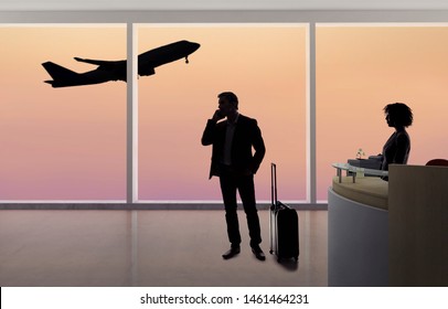 Stressed Out Businessman Passenger Arguing With A Flight Attendant Or Receptionist At An Airport Check In Counter.  He Is Angry Because Of A Delayed Or Cancelled Flight.  