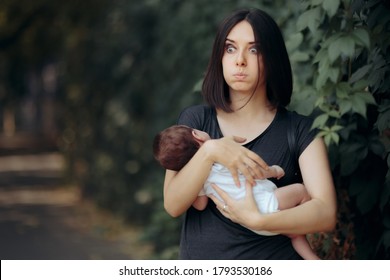 Stressed Out Mother Holding Baby Outside. Inexperienced new mother having no idea what to do
 - Shutterstock ID 1793530186