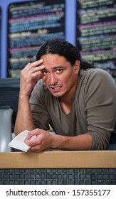 Stressed Out Native American Restaurant Owner At Counter