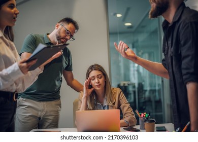 Stressed overwhelmed business colleagues feeling tired at corporate meeting. Business people conflict problem. Stress at work or migraine concept. Solving problem in an office. - Shutterstock ID 2170396103