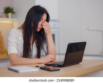 Stressed Overworked Business Woman Working From Home , Feel Eye Strain Fatigued From Laptop Computer. Tired Freelancer Suffer From Headache Pain, Remote Work Concept