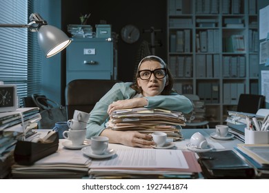 Stressed Panicked Employee Working Late At Night In The Office, She Had Too Much Coffee