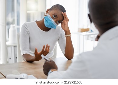 Stressed, post covid or sick patient at a doctor appointment due to covid symptoms and headache. Covid19 fatigue and unhealthy woman talking to healthcare or medical worker about at a hospital - Shutterstock ID 2192921533