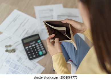 Stressed, Problem Business Person Woman Holding And Open Empty Wallet, Purse No Have Money For Bill Payment, Credit Card Loan Or Expense. Bankruptcy, Bankrupt Or Debt Financial, Mortgage Concept.