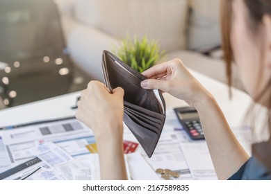 Stressed, Problem People Asian Woman, Girl Holding And Open An Empty Wallet Not Have Money, Credit Card, Not To Payment Bill, Loan Or Expense In Pay. Bankruptcy, Bankrupt And Debt Financial Concept.