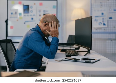 Stressed senior businessman at desk in office, covering face, feeling exhausted and desperate due to financial problems and business failure - Powered by Shutterstock