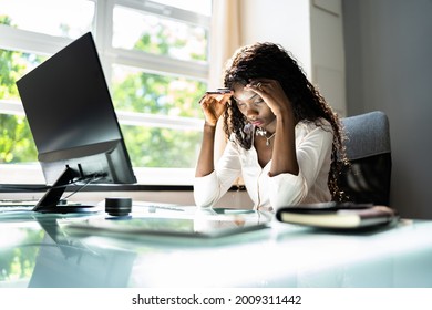 Stressed Sick African American Employee Woman At Computer