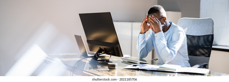 Stressed Sick African American Employee Man At Computer