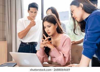 Stressed  team thinking of problem solution at office meeting room , sad business people group shocked by bad news, upset colleagues in panic after company bankruptcy lay off concept.