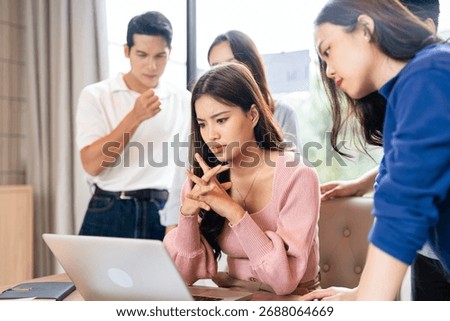 Stressed  team thinking of problem solution at office meeting room , sad business people group shocked by bad news, upset colleagues in panic after company bankruptcy lay off concept.