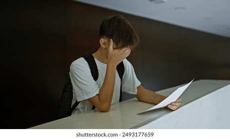 Stressed teen boy with paper in a university setting, embodying academic anxiety. - Powered by Shutterstock