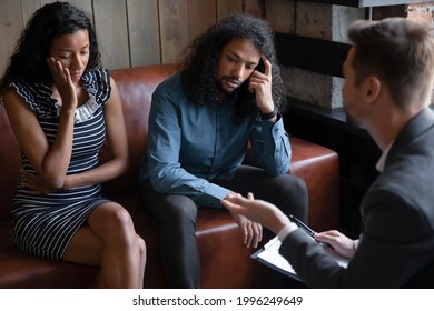 Stressed Unhappy Millennial African Ethnicity Family Couple Having Relations Problems, Visiting Professional Psychologist For Help, Marriage Healthy Relationship, Break Up Prevention Concept.