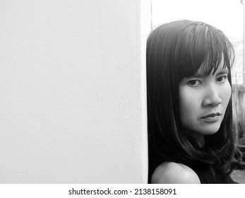 Stressed Woman Black And White Close Up. Portrait Alone Married Looking Camera With Worry And Sad. Free Space Mockup. Card Or Pain Poster For Broken Heart, Couple Love Valentine Problem Concept.