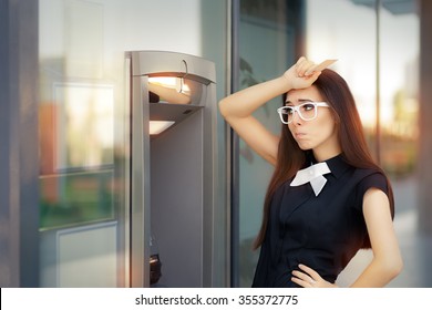 Stressed Woman With Credit Card At ATM - Funny Broke Businesswoman Checking Account Balance 
