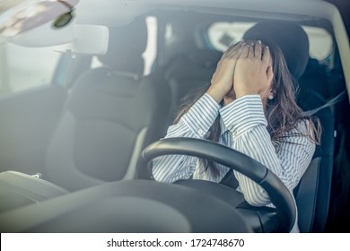 Stressed woman drive car feeling sad and angry. Girl tired, fatigue mental on car. Sleepy and drunk female hangover. Illegal law driver license. Driving when tired and do not drive drowsy concept