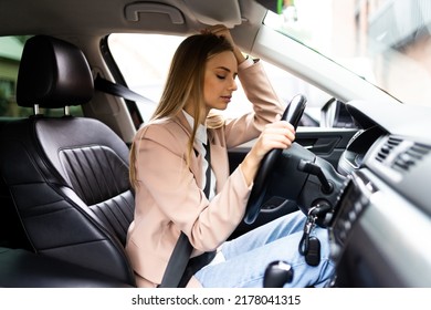 Stressed Woman Driver Sitting Inside Her Car