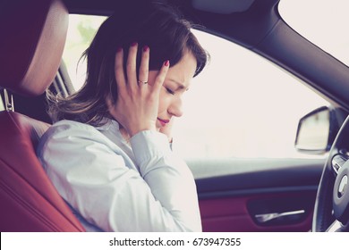 Stressed Woman Driver Sitting Inside Her Car 