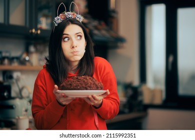 
Stressed Woman Holding Easter Cake Hosting A Party. Funny Party Host Holding A Delicious Homemade Dessert For Spring Holidays
