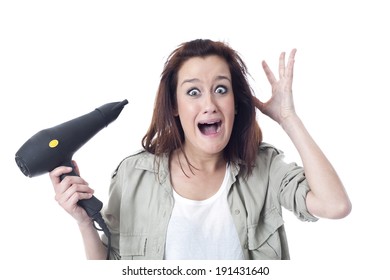 Stressed Woman Holding Hair Dryer