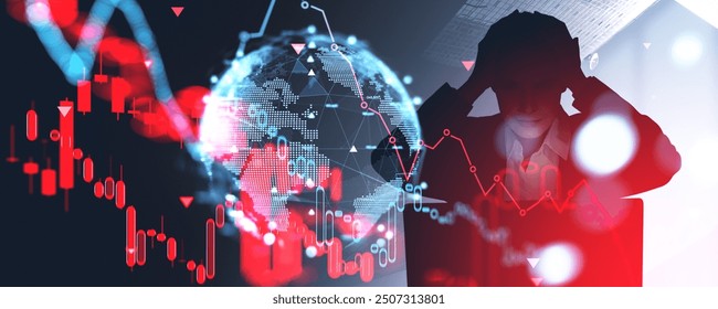 Stressed woman silhouette holding her head, red falling candlesticks and graph lines. Concept of stock market collapse, global crisis, sales and financial risk - Powered by Shutterstock