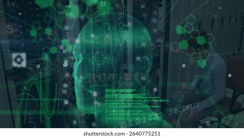 Stressed woman wearing shirt leaning between server racks, with green wireframe head showing code. Cybersecurity, data, technology, network, digital, innovation, security - Powered by Shutterstock - Get 15% off with code: PIKWIZARD15