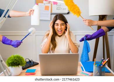 Stressed Woman With A Lot Of Work Feeling Overwhelmed And Screaming Because Of All The Housework While Telecommuting