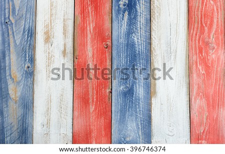 Stressed wooden boards painted red, white and blue for patriotic concept of United States of America. Layout in vertical format. 