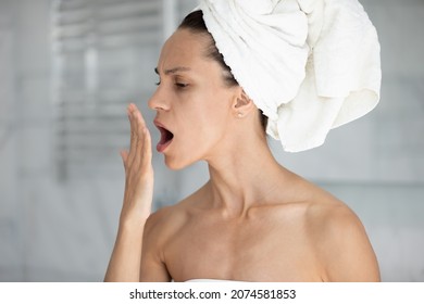 Stressed Young Hispanic Latina Woman Holding Hand Near Mouth, Checking Breath Freshness, Worrying About Poor Oral Hygiene, Suffering From Unpleasant Odor, Having Problems With Caries Gingivitis.