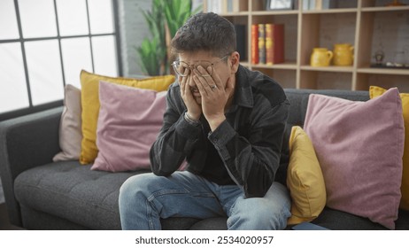 Stressed young man covering face with hands, sitting on a sofa in a cozy living room. - Powered by Shutterstock