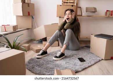 Stressed Young Woman Surrounded By Large Boxes Cry Scream, No Ready For Home Relocation, Moving Day Concept