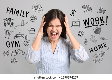 Stressed young woman, text and drawings on grey background