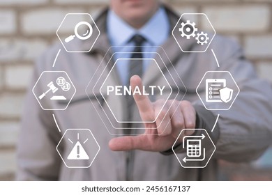 Stressful businessman using virtual touch screen presses word: PENALTY. Penalty business concept. Charge and expense punishment notice. Penalty for crime and offense. Financial mulct or punishment.
