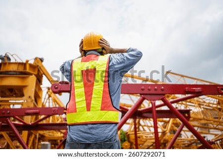 A stressful engineer is looking at the collapse construction in front of him. Engineer or contractor is looking the collapsed building.