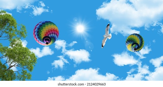 Stretch Ceiling Decoration Image. Bottom Up View Of Sky. Flying Bird, Hot Air Balloon And Beautiful Tropical Sunny Sky. 