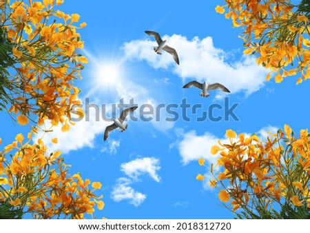 stretch ceiling model. blue sky, sun and clouds. beautiful landscape, yellow flowers and flying seagulls.