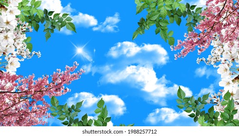 stretch ceiling model, blue sunny sky, white pink flowers and green tree leaves.