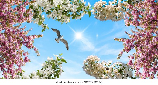 stretch ceiling model, blue sunny sky, white pink flowers and flying bird gull