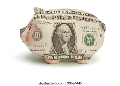 Stretched US dollar note superimposed on piggy bank on white background